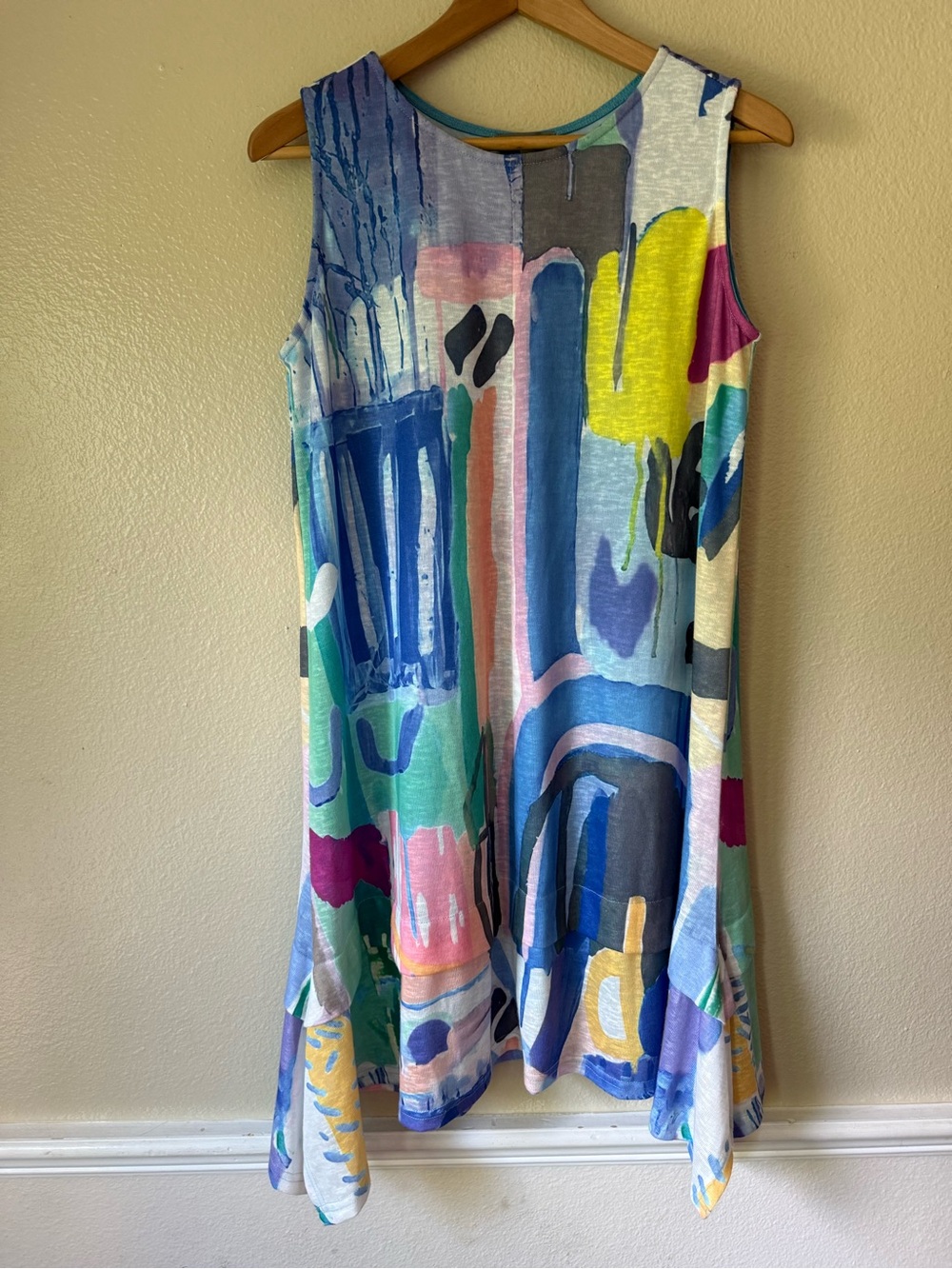 SHANA Sleeveless Abstract Watercolor Swing Tunic Dress in Blue, Yellow & Pink